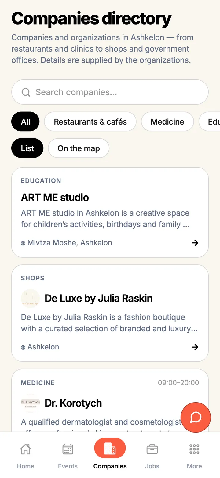 App screen: Business directory